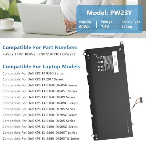 PW23Y Laptop Battery Compatible with Dell XPS 13 9360 P54G002 13-9360-D1605G 13-9360-D1605T 13-9360-D1609 13-9360-D1609G 13-9360-D1705G Series Compatible with TP1GT RNP72 0RNP72 0TP1GT - size: PW23Y for Dell