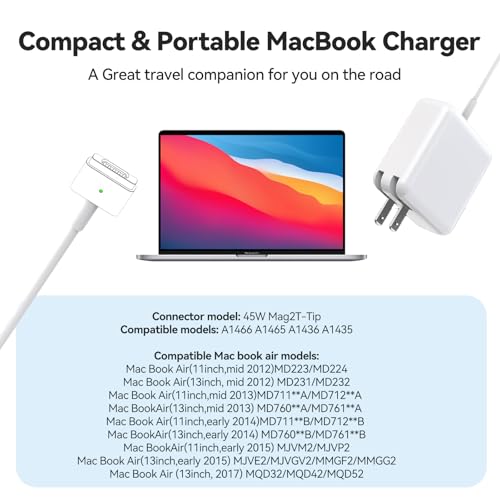 45W MacBook Air Charger - Magnetic Type, Mag2 T Interface - Compatible with 11-inch and 13-inch MacBook Air Models from 2012 to 2017. Laptop Power Adapter