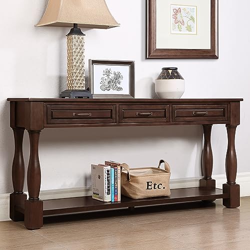 60" Solid Wood Console Table for Entryway,Sofa Table with 3 Drawers | 60" Espresso Entryway Table with Storage Drawers & Shelf,Solid Wood Long Sofa Table for Hallway,Foyer,Entry,Easy Assembled - color: Espresso