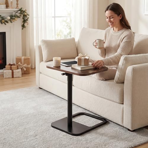YUHFERA Couch Table, 360° Swivel Adjustable TV Tray for Small Spaces, Rich | Height-adjustable sofa side table slides under seating for eating, reading, laptop work, and everyday essentials - color: Rich