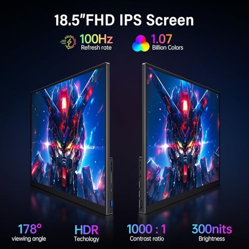 18.5 Inch Portable Monitor 100Hz FHD USB-C HDMI Travel Monitor Second Screen Display Extender with Built-in Kickstand, VESA & Speakers, Eye Care HDR Gaming Monitor for Laptop, PC, PS5, Xbox