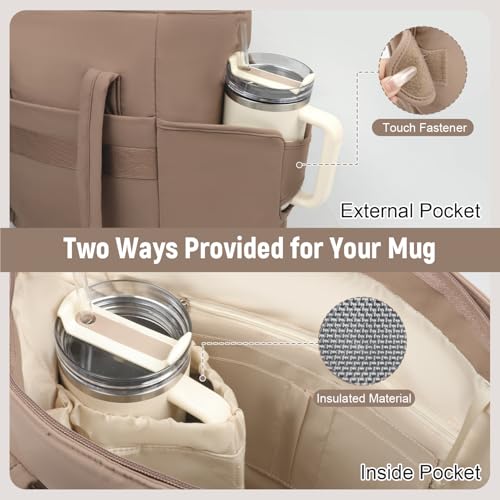 Puffer Tote Bag with Large Cup Holder& 15.6 Inch Laptop Compartment, Lightweight Puffy Work Bag with Water Bottle Pocket, Large Laptop Tote with Clutch Purse for Women Teacher Nurse (Brown) - color: Brown