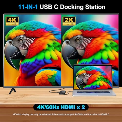 Laptop Docking Station Dual Monitor 2 HDMI, 11-in-1 USB C 4K@60Hz Dual Display Dock, Gigabit Ethernet, 100W PD Port, 5 USB A/C, SD/TF Card Slot for Dell, HP, Lenovo, Surface Windows Laptops
