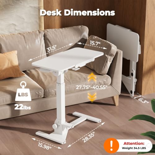 JOY worker Foldable Mobile Standing Desk, 180° Tilt Overbed Bedside Table | Height Adjustable, 31.5" White MDF Top with Lips, Collapsible Top & Base for Storage, Poratble Laptop Desk for Home Hospital - color: White, size: Height 27.75"-40.55"
