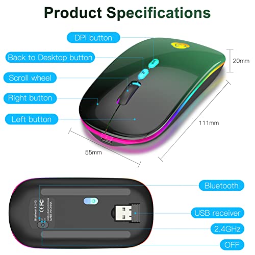 CC Store Wireless Mouse for Laptop,USB-C Rechargeable with Dual Connection | Bluetooth mouse with 2.4GHz USB receiver, silent slim design, adjustable DPI for laptop,MacBook,PC and tablet,Black-green - color: Black-green