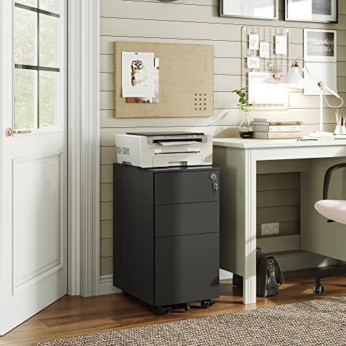 DEVAISE Slim File Cabinet, 3 Drawer Mobile Filing Cabinet for Letter/Legal/A4 Files, Fully Assembled Except Wheels, Black - color: Black, size: 17"D x 12"W x 24"H