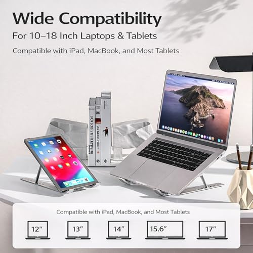 Portable Foldable Laptop Stand for Travel, Adjustable Aluminum Laptop Stand Riser for Desk, Ergonomic Computer Stand with Pouch for 16–18 Inch Laptops (Silver)