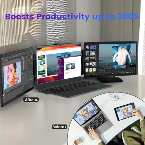 Azeyou 15.6" Triple Laptop Screen Extender - FHD 1080P Portable Monitor & Gaming Monitor, USB-C/HDMI Plug & Play Second External Monitor for 14”-17” Laptops, PC, Mac, Phone