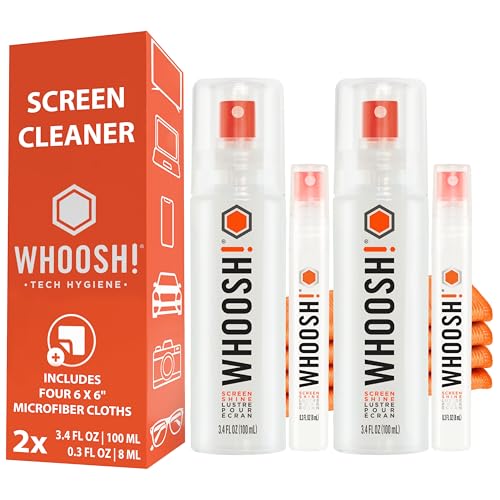 WHOOSH Screen Cleaner and Wipe Kit Duo, Set of 2, 3.7 fl oz + 0.3 fl oz | Large and Travel Size Bottles, Non Toxic and Odorless, For iPad, MacBook and Car Screens, 2 Microfiber Cloths - size: 3.7 Fl Oz (Pack of 2)