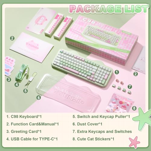 YUNZII C98 Cute Wireless Mechanical Keyboard(Green Mao, Candy Switch) | Cake Keyboard,99 Keys with Number Pad, MAO Keycaps, BT5.0/2.4G/USB-C,Hot Swap, Gasket Mount, Custom RGB Backlight for Win/Mac - color: Green MAO, size: Candy Linear Switch
