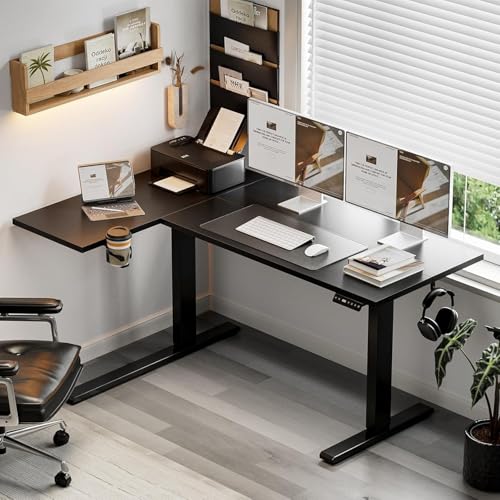 Muvai L Shaped Standing Desk with Cable Management Tray, 71 Inch Height Adjustable Electric Standing Corner Desk, Sit Stand Up Table for Home Office with Reversible Splice Board,Black - color: Black, size: L-shaped 71 Inches