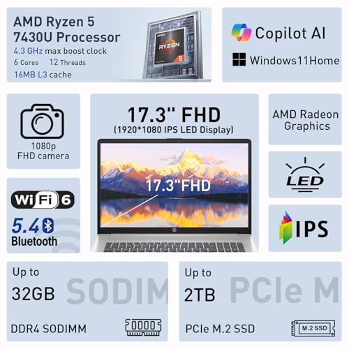 HP 17.3” FHD IPS LED Anti-Glare 300 nits Laptop, AMD Ryzen 5 7430U 6-core CPU, 8GB RAM, 256GB Storage, Webcam w/Shutter, Microsoft Copilot Key, Wi-Fi 6, BT 5.4, Win11H, w/Laptop Cooler, 17-cp3000 - size: 8GB RAM | 256GB SSD