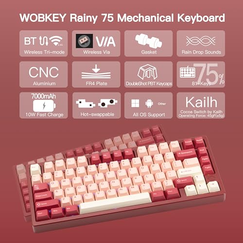 KEEBMONKEY WOBKEY Rainy 75 CNC Aluminum HMX/JWK/Cocoa Switches Triple-Mode Connectivity Mechanical Keyboard with Superior Acoustics, RGB/FR4/Silver SUS304/7000mAh/Cocoa Switch (Pro - Red Velvet) - style: Pro - Red Velvet
