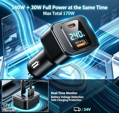 170W USB C Car Charger, PD3.1 140W + 30W Dual-Port Fast Charging Adapter with 240W USB-C Cable, Smart Digital Voltage/Power Display, 12V-24V for MacBook Pro/Air, iPhone 17/16, Galaxy S26/S25, iPad