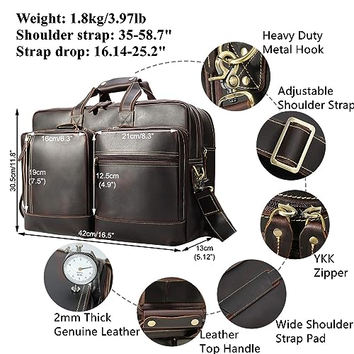 Masa Kawa Expandable Leather 17" Laptop Travel Messenger Duffel Bag Men | Large Overnight Weekend Business Trip Duffel Bags with Luggage Strap, Crossbody Shoulder Computer Briefcase - color: B2
