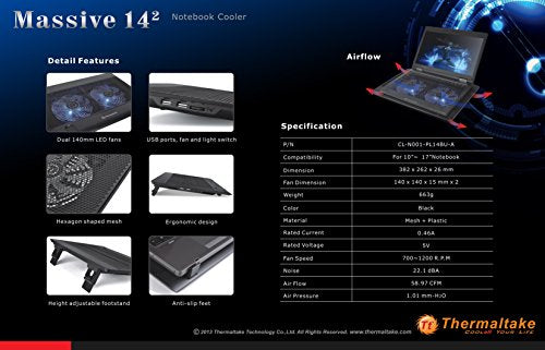 Thermaltake Massive 14 Steel Mesh Panel Dual 140mm Blue LED Fan Adjustable Speed Control 10"-17" Laptop Notebook Cooling Pad CL-N001-PL14BU-A,Black - style: 2 Fans