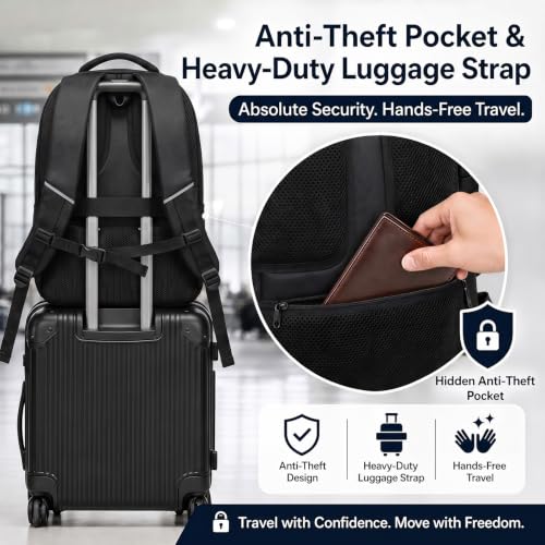 Business Laptop Backpack 17.3 Inch, Water Resistant Travel Computer Bag with Luggage Strap, Anti-Theft Work Backpack for Women & Men, Airline Approved Carry-On for Office College & Commute - color: Black