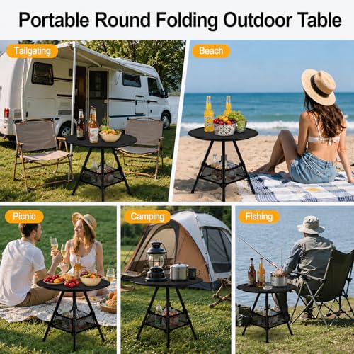 Portable Round Folding Camping Table, Adjustable Height Collapsible Triangular Side Table, Lightweight Mini Beach Table with Carry Bag for Picnic, Beach, Hiking, Backyard