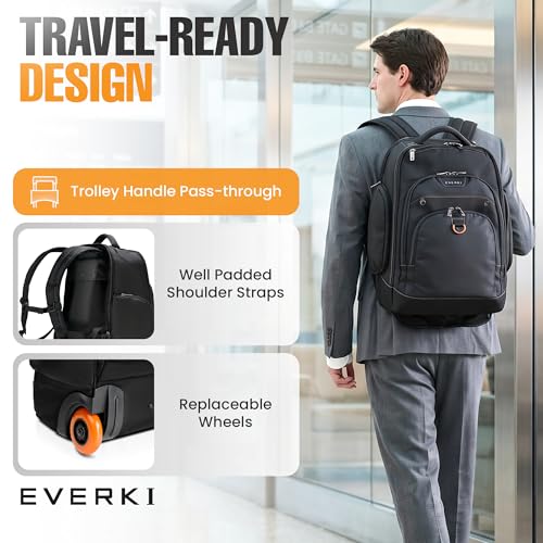EVERKI Atlas Wheeled 2 Laptop Rolling Backpack for Men & Women, Black - 30L | Polyester, Unisex Professional Design, Padded compartment, RFID, Roller, Business & Work, Travel-Friendly, Fits 13\"-17.3\" - size: Atlas Wheeled V2 - 30L