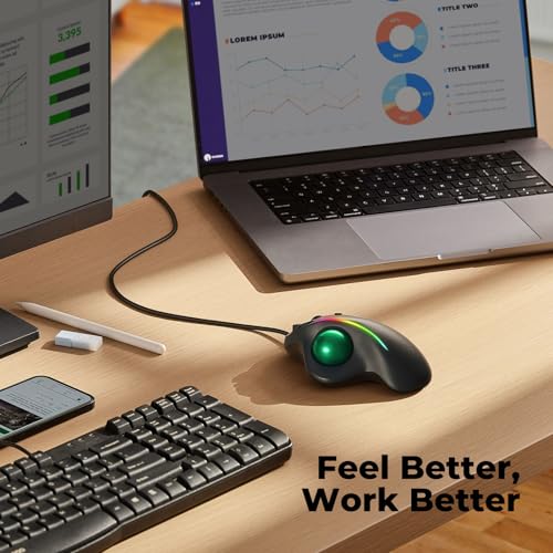 Wired Trackball Mouse with RGB Lighting, Ergonomic Thumb Control to Reduce Muscle Strain, 5 Adjustable DPI, Dual USB-C & USB-A Connectivity, Compatible with PC, Laptop, Mac, Windows-Green - color: F-Green