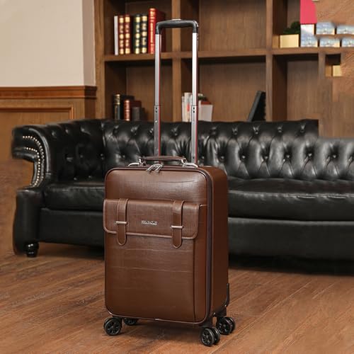 feilario Waterproof PVC Business Carry On Luggage, TSA Lock, Spinner Wheels | Hidden aluminum alloy handle, laptop pocket and magnetic front pocket keep business essentials smooth through airports - color: Coffee