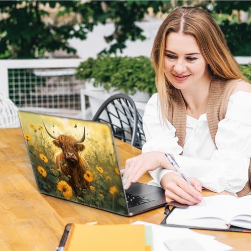 Laptop Skin Sticker Decal, Universal Reusable Vinyl Laptop Cover for 12" 13" 13.3" 14" 15" 15.4" 15.6" Notebook PC, Reusable Waterproof Scratch-Resistant with 2 Wrist Pads,Art Highland Cow Flowers - color: Art Highland Cow Flowers