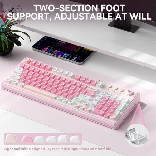Aula F3099 Wireless Keyboard with Media Knob, Tri-Mode BT5.0/2.4GHz/USB-C Cute Creamy Keyboard with Number Pad, RGB Backlit Gaming Keyboard, Quiet Typing Pink Computer Keyboards for Office Laptop/PC - color: White & Pink