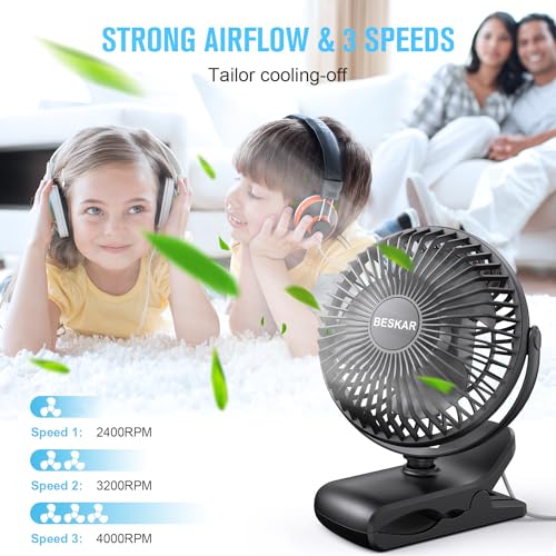 BESKAR Small Clip on Fan, 3 Speeds USB Fans with Strong Airflow, Clip & Desk Fans USB Plug in with Sturdy Clamp - Ultra Quiet operation for Office Dorm Bedroom Stroller - color: Dark Black