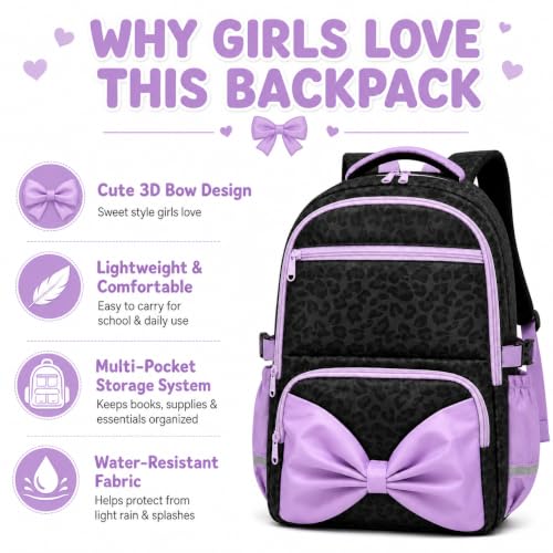 WOBAGMEN Printed Backpack for Adult Women with Bow | Water-Resistant Printed school bag, Spacious Storage for Elementary and Middle School Students(Black Leopard) - color: Black Leopard