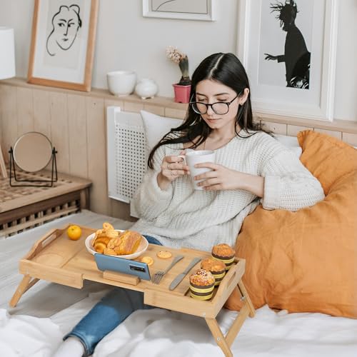 Lavievert Expandable & Height Adjustable Bed Tray Table with 360° Rotating Phone Holder, Bamboo Breakfast Food Serving Tray, Portable Laptop Desk Snack Platter with Handles & Foldable Legs for Bedroom