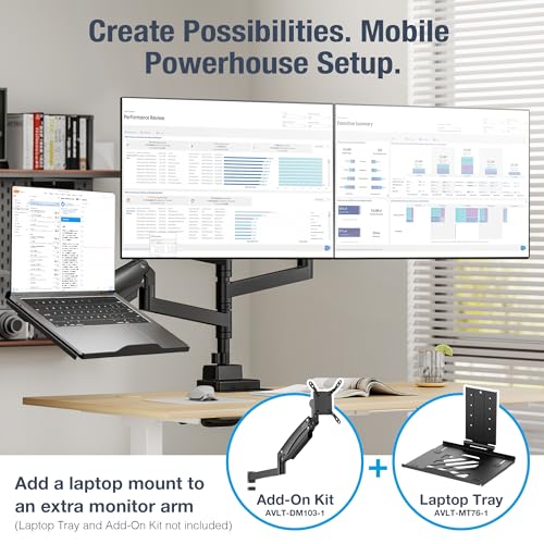 AVLT Dual Monitor Arm 57" Pole Top Mount with USB-C & A – Black | Heavy-duty Stacking arm; Height Adjustable; Top C-clamp/Grommet w/ Reinforcement Plates; VESA 200/100/75mm. - color: Black