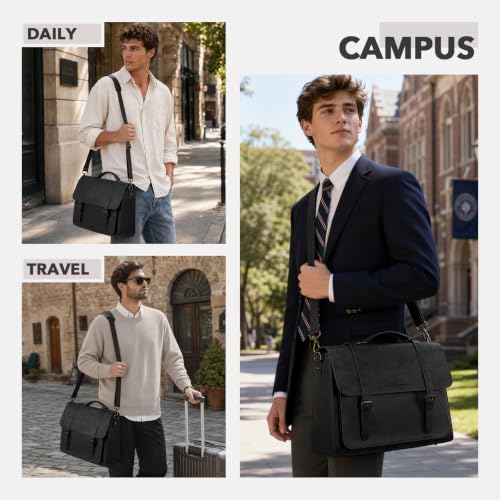 RAINSMORE Messenger Bag for Men 17” PU Laptop Flap Retro Briefcase Waterproof Satchel Bag for Office Business Travel College - color: Black