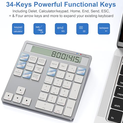 Rechargeable Wireless Number Pad for Laptop - 2-in-1 Dual Bluetooth & Wired Numeric Keypad with Calculator Display, 34 Keys Slim Portable Numpad for PC, MacBook, Tablet - Fast Data Entry & Accounting