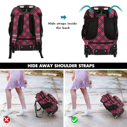 Tilami Rolling Backpack for Kids 18 inch Boys and Girls Laptop Backpack,Red grid - color: Red Grid