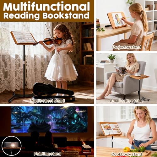 2 in 1 Dual-use Music Stand & Desktop Book Stand, Adjustable Height 16.5"-51", 100% Solid Wood Laptop Floor Stand Book Holder with Elastic Page Clips for Cookbooks (Brown-Wheeled) - color: Brown-wheeled