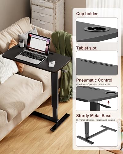 Foldable Overbed Table with Wheels, Pneumatic Adjustable Overbed Bedside Table, Mobile Standing Desk, Hospital Bed Tables Over The Bed, Rolling Laptop Desk with Casters for Home Office - color: Black