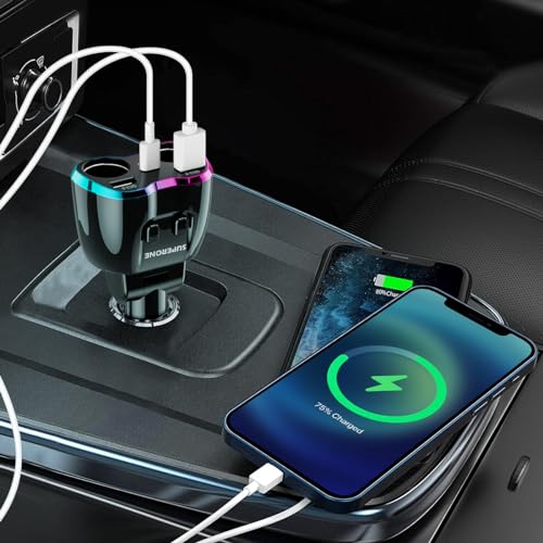 Cigarette Lighter Splitter, 180W 2-Socket Cigarette Lighter Adapter | SUPERONE 2026 Upgraded, Dual QC3.0 and 20W PD USB C Car Charger Splitter, for GPS/Dash Cam/Laptop/iPad/iPhone 17/16/15/14/13 - color: Pinkish Blue