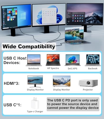 USB C to 3 HDMI Adapter with 100W PD Charging, Triple 4K60Hz Monitor Extender for Dell/Surface Pro/HP, HDMI Splitter Extended Display Hub, Plug & Play Laptop Multi-Screen Adapter
