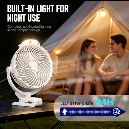 8-Inch Rechargeable Clip on Fan, 10000mAh Portable Camping Fan with LED Light, 9-Speed Ultra Quiet Airflow, 30H Runtime, 360° Rotating Desk Fan for Golf Cart, Bedroom, Office, Dorm, White - color: White
