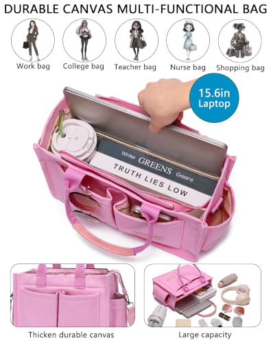 Canvas Tote Bag for Women,Women's Bags Crossbody Bags Work Laptop Tote Bag Large Handbags Purse for Travel Nurse Teacher - color: New Upgrade Plus Pink With Compartments and Inner Cup Holders