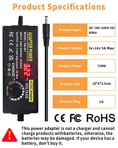 3V~24V 120W 5A Adjustable DC Power Supply AOYADAISU Universal Power Adapter with 14 Tips & Polarity Converter, 100-240V 50-60Hz Variable AC to DC Power Converter for LED Strip Light Camera 5000mA - style: 3-24V 5A 120W
