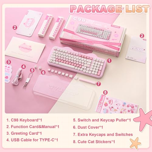 YUNZII C98 Wireless Mechanical Keyboard with Number Pad,99 Key BT5.0/2.4G/USB-C Hot Swap Gasket Mount with PBT MOA Keycaps,Custom RGB,Cute Cake Keyboard for Win/Mac (Pink, Candy Linear Switch) - color: Pink, size: Candy Linear Switch