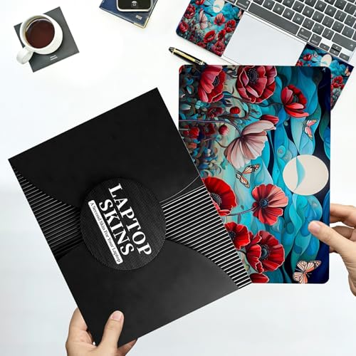 Universal Laptop Skin Sticker with 2 Wrist Pad Decals, 3-Piece Removable Vinyl Laptop Cover, Moon Butterfly Poppy Waterproof Anti-Scratch, Easy-Trim Fit for 13.3" 14" 15.6" Laptops - color: Moon Butterfly Poppy