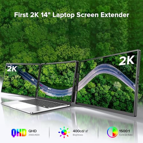 UPERFECT Laptop Screen Extender, 2K 14" 360° Patented Unique Swivel Hinge | Triple Monitor, 2240x1400 QHD IPS Portable Dual Monitor for 14"-17'' Laptops, Plug & Play, USB-C & MINI HDMI - size: 14"
