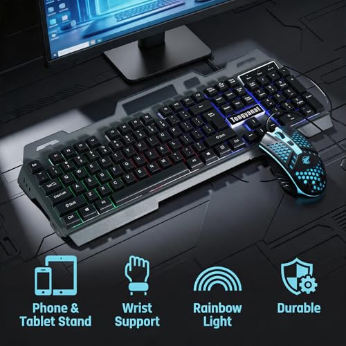Gaming Keyboard and Mouse Combo, Wired RGB Backlit Mechanical Feel Keyboard with Phone Holder, Ergonomic Honeycomb Shell Gaming Mouse, Compatible with Windows PC, Laptop, Desktop (Black) - color: T750-Black