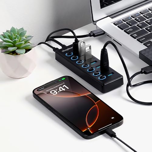 USB 3.0 SuperSpeed Hub with 1M Line, 7 Ports Splitter with Individual Power Switches and LED Light