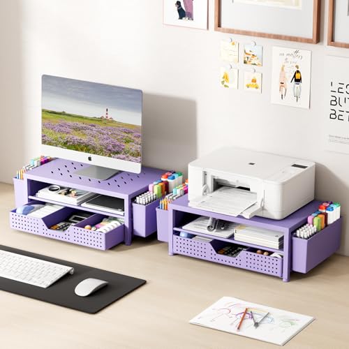 Laptop Stand for Desk Organizer, Computer Monitor Stand Riser with Drawer and 2 Pen Holders, Ventilated Perforated Steel Top, Office Desk Accessories for Home Office Supplies, Purple