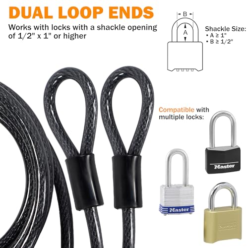 Lumintrail 12mm (1/2 inch) Heavy-Duty Security Cable, Vinyl Coated Braided Steel with Sealed Looped Ends (4', 7', 10', 15', 20', 25' or 30') (25-FT) - size: 25-FT