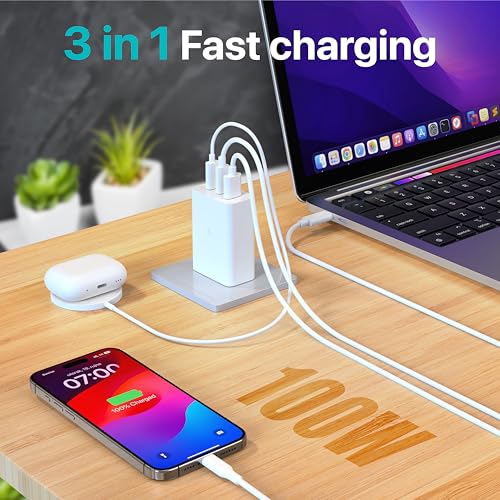 TT&C USB C Charger Block 100W (Total Output), 3-Port GaN PPS Fast Charging Station, Type C Plug Brick Compatible with iPhone 17 16 15 Pro Max, MacBook Air, iPad, Galaxy S26/S25/S24