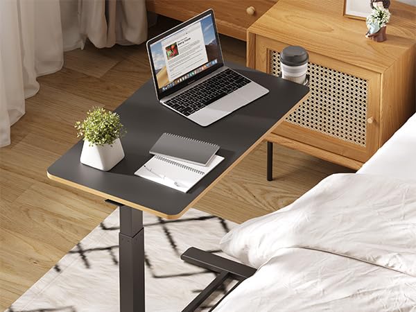 Medical Overbed Adjustable Bedside Table with Hidden Casters, Pneumatic Mobile Rolling Laptop Standing Desk with Tray for Home and Hospital Use, Black - color: Black, size: Large